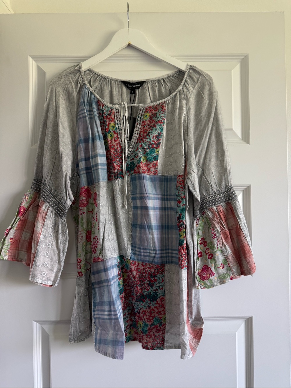 Young Threads Mixed Print Patchwork Peasant Top in Grey NWT